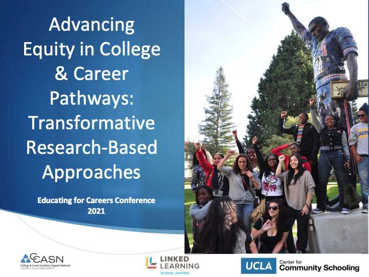 Cover slide of Advancing Equity in College & Career Pathways: Transformative Research-Based Approaches from the Educating for Careers Conference 2021